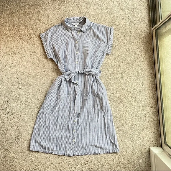 Time and Tru Blue White Striped Midi Shirt Dress Size Medium Tie Waist A-Line - Picture 4 of 11